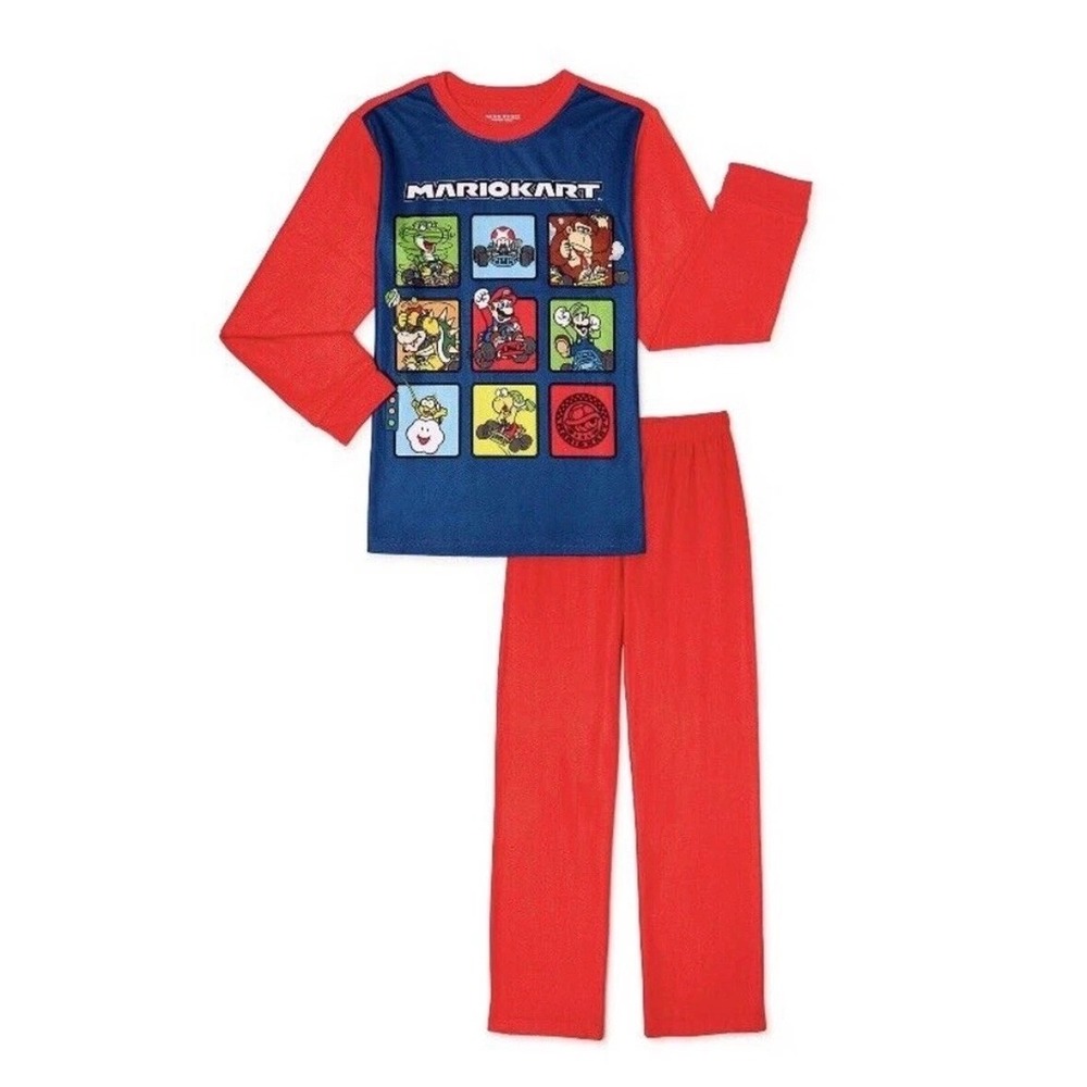 Mario‎ Kart Boys Flannel Pajamas 2-Piece PJ Set Red Blue Nintendo Size 10/12 NEW